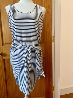 KINLY Tank Dress Wrap Tie Skirt Black White Striped Midi Dress Made in USA M
